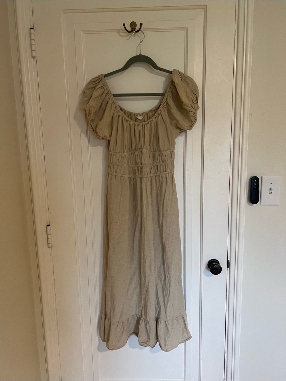 Neutral Puff-Sleeve Beige Midi Dress with Ruffle Hem